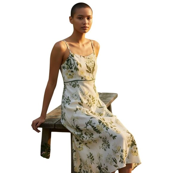 Ann Taylor Loft size 8 Sunflower Print  Linen Blend A-Line Dress  Green Trim - Picture 2 of 12